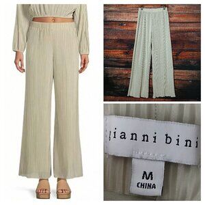 Gianni Bini Palazzo Pants M Joni Plisse Wide Leg Tan Ribbed Lined Elastic Waist